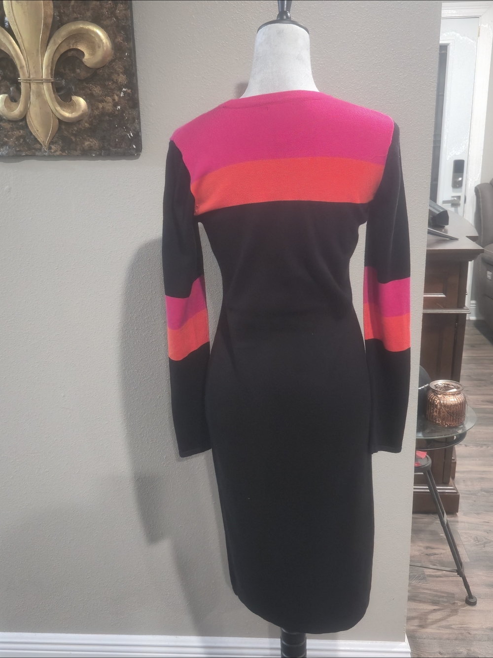 Vince Black Long Sleeve Knit Dress with Pink and Orange Panels